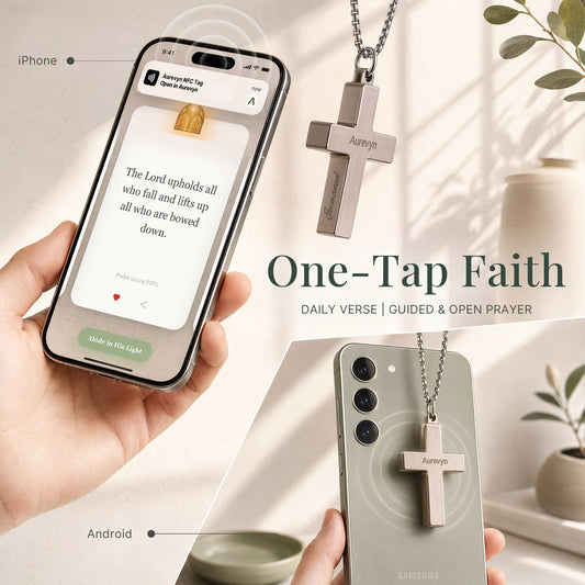 Phone tapping the Aurevyn Grid passive NFC cross necklace to open the daily prayer experience