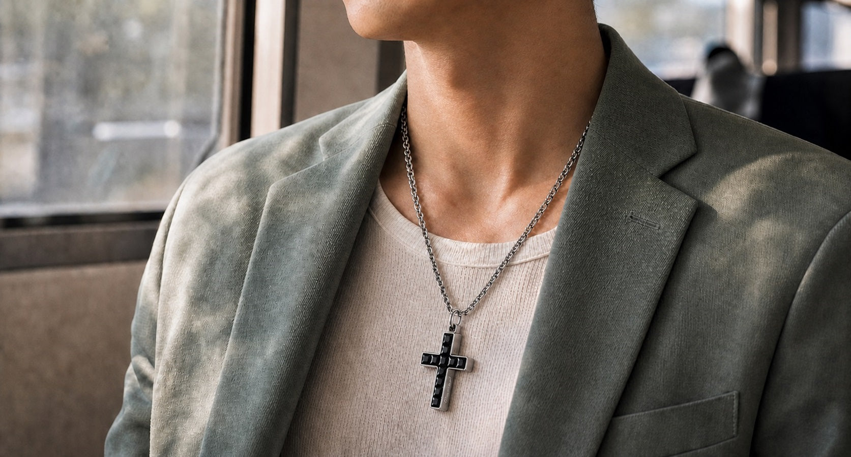Man wearing the black zirconia Aurevyn Grid NFC cross necklace with a business outfit