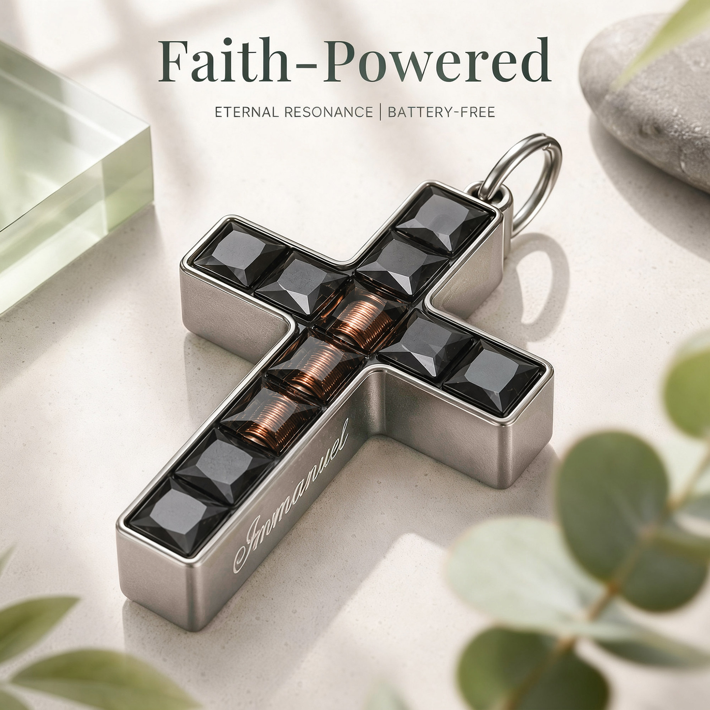 Cutaway view of the passive NFC and battery-free design inside the black Aurevyn Grid cross necklace