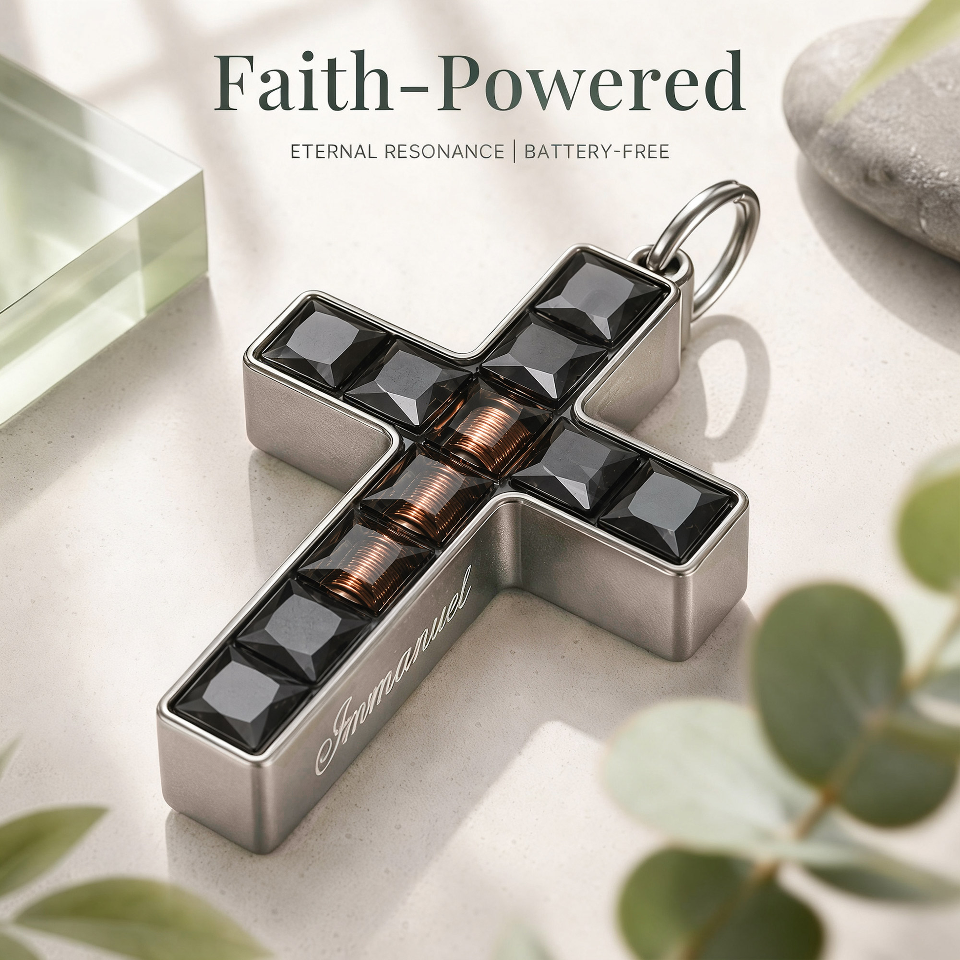 Cutaway view of the passive NFC and battery-free design inside the black Aurevyn Grid cross necklace