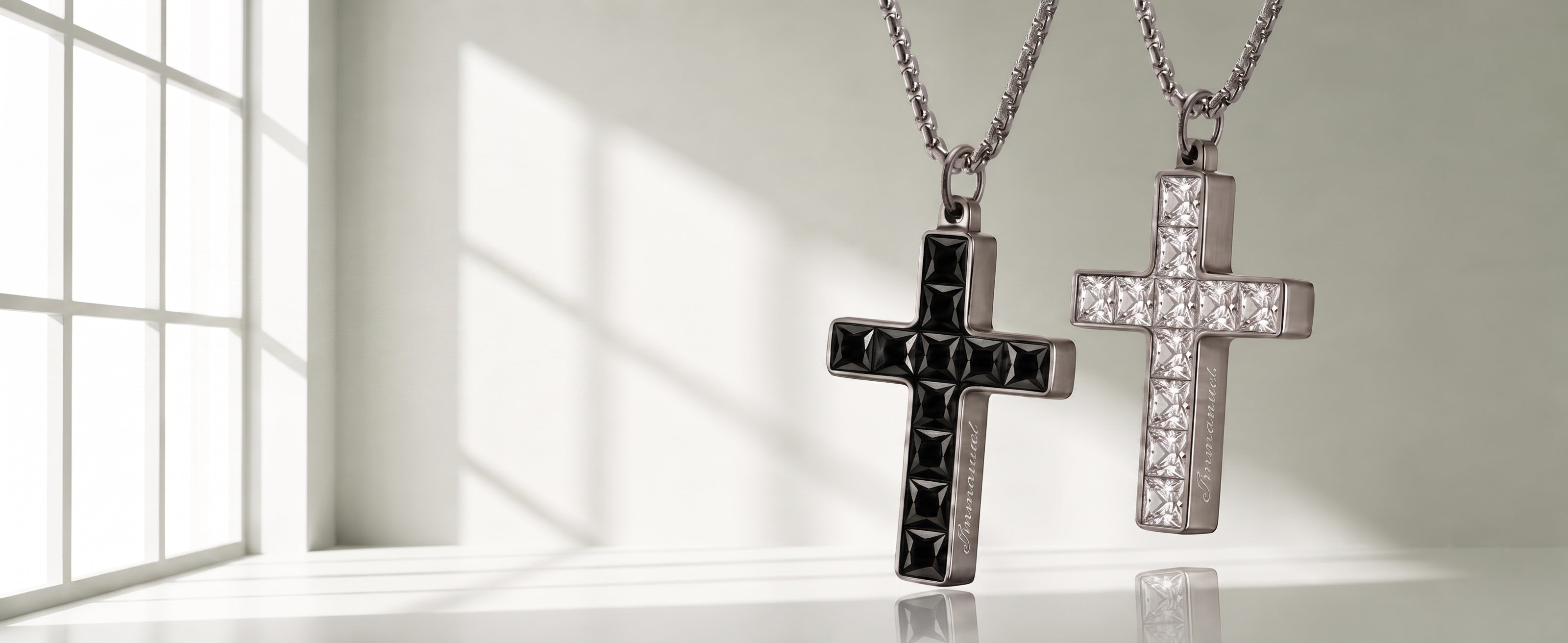 Black and white zirconia variants of the Aurevyn Grid NFC cross necklace