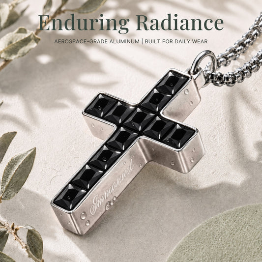 Close-up of the black 5A zirconia Aurevyn Grid cross with a 6061-T6 aluminum frame