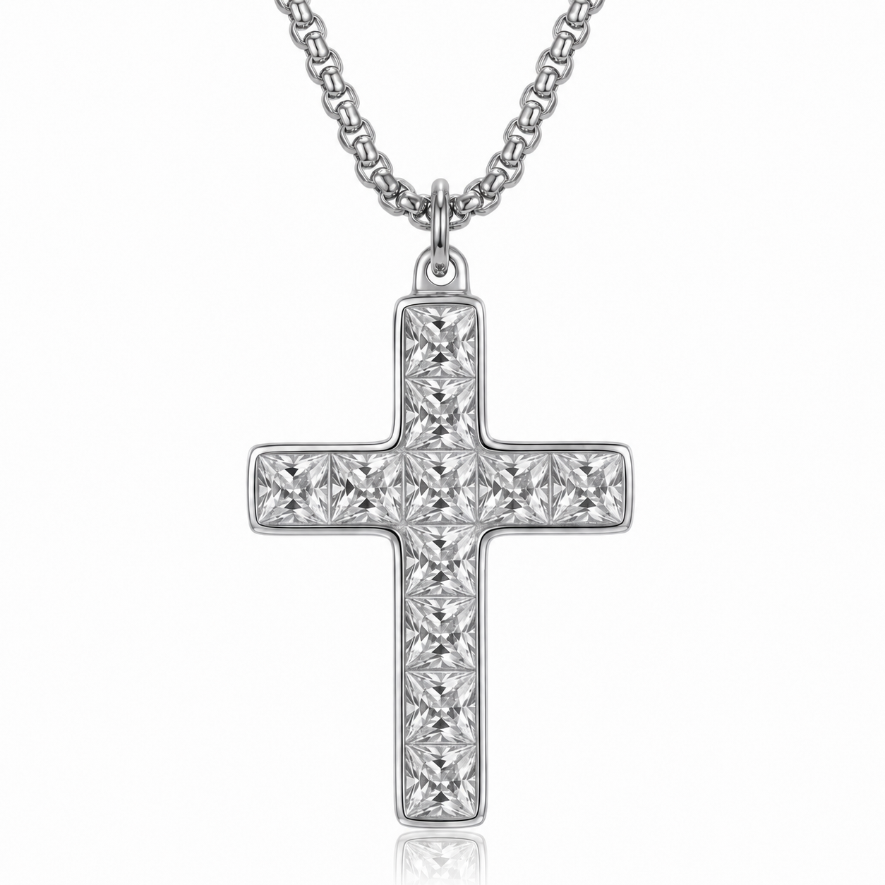 Front view of the white zirconia Aurevyn Grid NFC cross necklace