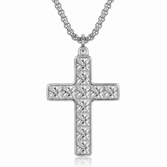 Front view of the white zirconia Aurevyn Grid NFC cross necklace