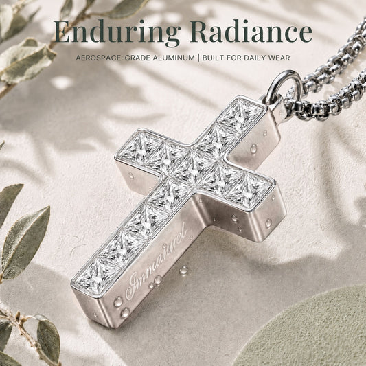 Close-up of the white 5A zirconia Aurevyn Grid cross with a 6061-T6 aluminum frame