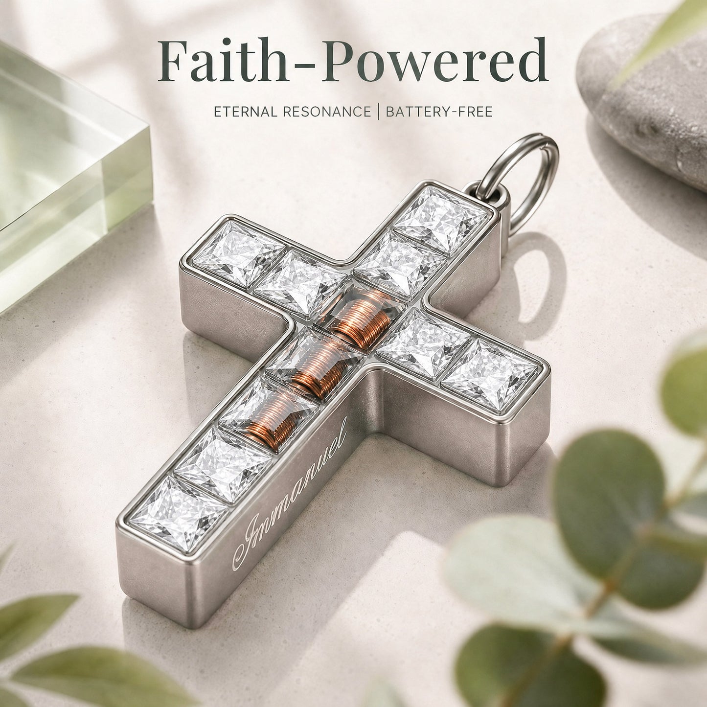 Cutaway view of the passive NFC and battery-free design inside the white Aurevyn Grid cross necklace
